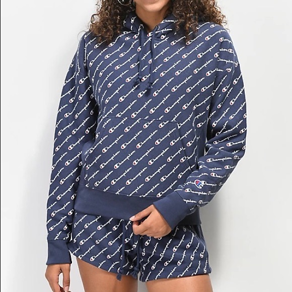 Champion - Women’s Weave Logo Allover Print Navy Hoodie - Picture 5 of 5